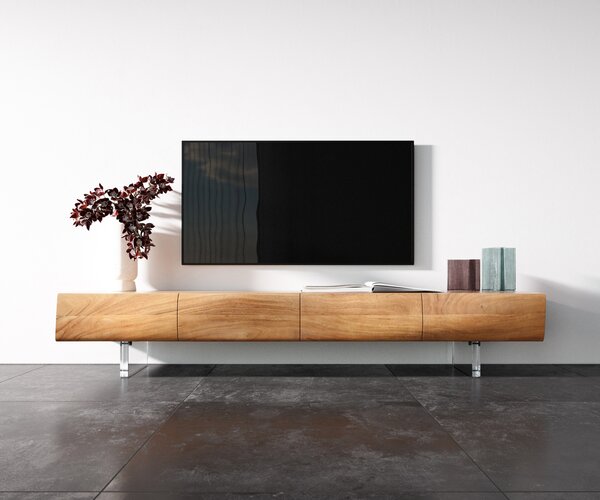 DELIFE TV stolek New Live-Edge 200 cm akácie přírodní 4 dvířka akrylová podnož