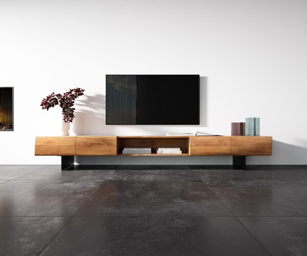 DELIFE TV stolek New Live-Edge 240 cm akácie přírodní 4 dvířka 1 přihrádka závěsná kov černá