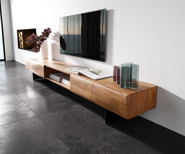 DELIFE TV stolek New Live-Edge 240 cm akácie přírodní 4 dvířka 1 přihrádka závěsná kov černá