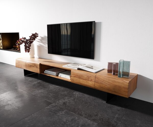 DELIFE TV stolek New Live-Edge 240 cm akácie přírodní 4 dvířka 1 přihrádka závěsná kov černá