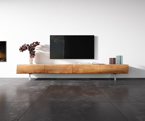 DELIFE TV stolek New Live-Edge 240 cm akácie přírodní 4 zásuvky akrylová podnož