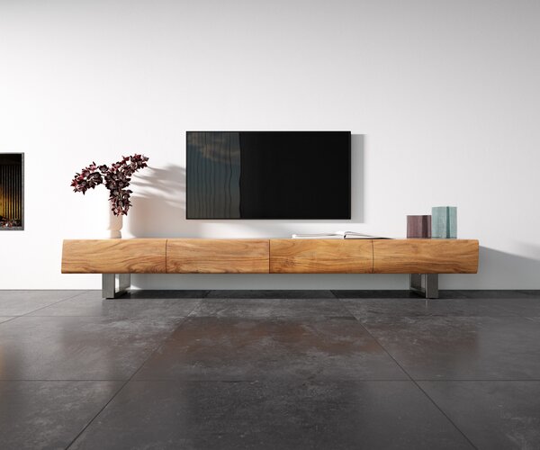 DELIFE TV stolek New Live-Edge 240 cm akácie přírodní 4 zásuvky tenká podnož nerezová ocel broušená