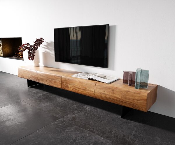 DELIFE TV stolek New Live-Edge 240 cm akácie přírodní 4 zásuvky závěsná kov černá