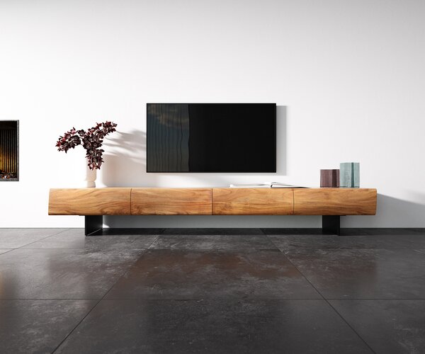 DELIFE TV stolek New Live-Edge 240 cm akácie přírodní 4 zásuvky závěsná kov černá