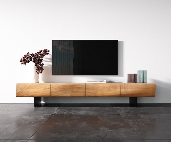DELIFE TV stolek New Live-Edge 200 cm akácie přírodní 4 dvířka závěsná kov černá