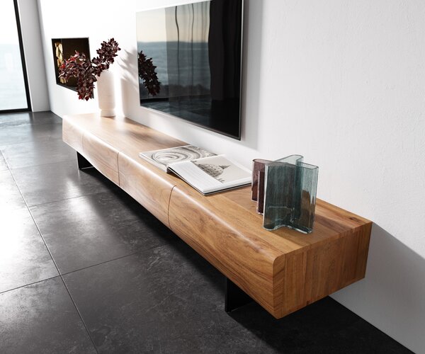 DELIFE TV stolek New Live-Edge 240 cm akácie přírodní 4 zásuvky závěsná kov černá