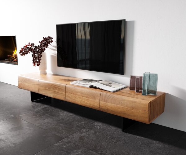 DELIFE TV stolek New Live-Edge 200 cm akácie přírodní 4 dvířka závěsná kov černá