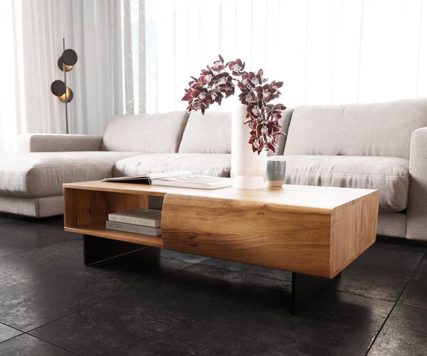 DELIFE Konferenční stolek New Live-Edge 115x60 cm akácie přírodní 2 zásuvky 1 přihrádka závěsná kov černá