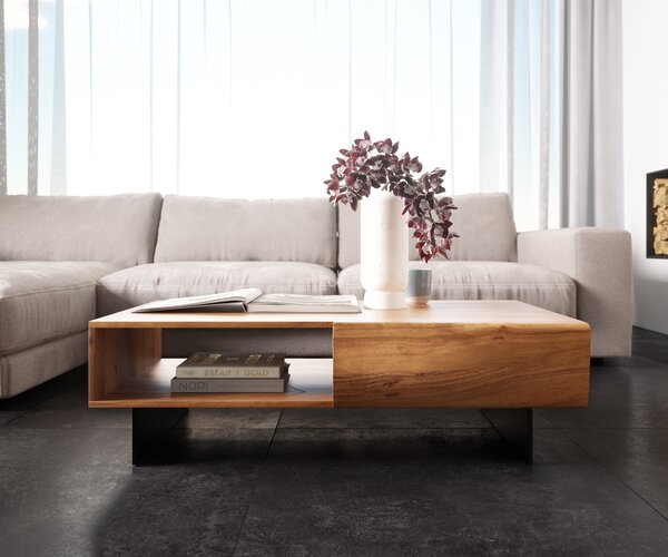 DELIFE Konferenční stolek New Live-Edge 115x60 cm akácie přírodní 2 zásuvky 1 přihrádka závěsná kov černá