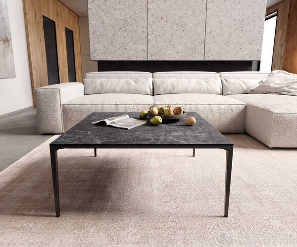 DELIFE Konferenční stolek Levente 85x85 cm keramika Laminam® Nero Greco antracitová podnož kov černá