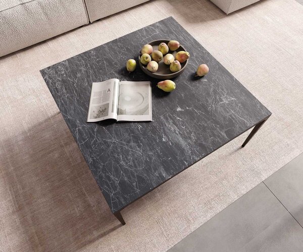 DELIFE Konferenční stolek Levente 85x85 cm keramika Laminam® Nero Greco antracitová podnož kov černá