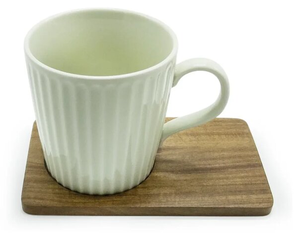 Hrnek Take a break, 380 ml – krémově bílý, žebrovaný povrch a dřevěný podtácek