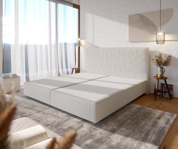 DELIFE Boxspring postel Dream-Well bouclé krémová bílá 200x200 cm