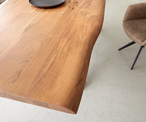DELIFE Jídelní stůl Edge 240x100 akácie přírodní křížová podnož hranatý nerezová ocel Live-Edge