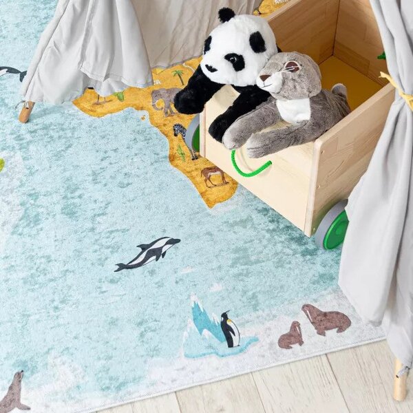 Makro Abra Dětský kusový koberec vhodný k praní BAMBINO 2763 Mapa světa protiskluzový modrý Rozměr: 80x150 cm