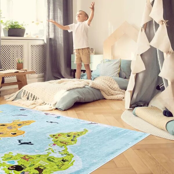 Makro Abra Dětský kusový koberec vhodný k praní BAMBINO 2763 Mapa světa protiskluzový modrý Rozměr: 80x150 cm
