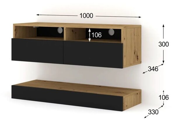 TV stolek DUO 100 cm závěsný dub artisan černá