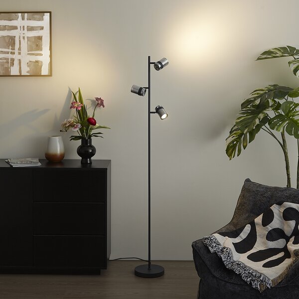 Moderní stojací lampa černá s kouřovým sklem, 3 světla, otočná a sklopná - Gianni