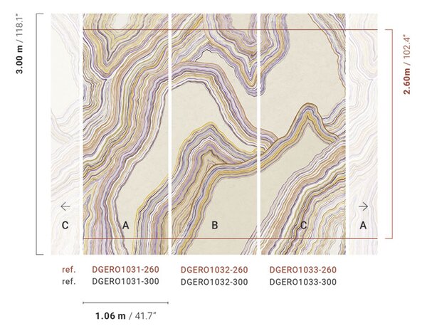 Abstraktní vliesová obrazová tapeta na zeď, fialová, žlutá, Pruhy, DGERO1032-260, Erosion, Masureel