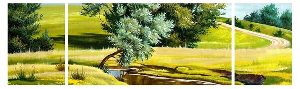Obraz - Řeka mezi loukami, olejomalba (170x50 cm)