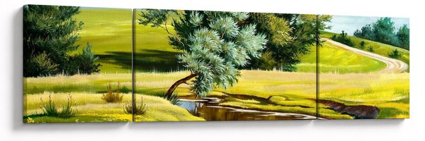 Obraz - Řeka mezi loukami, olejomalba (170x50 cm)