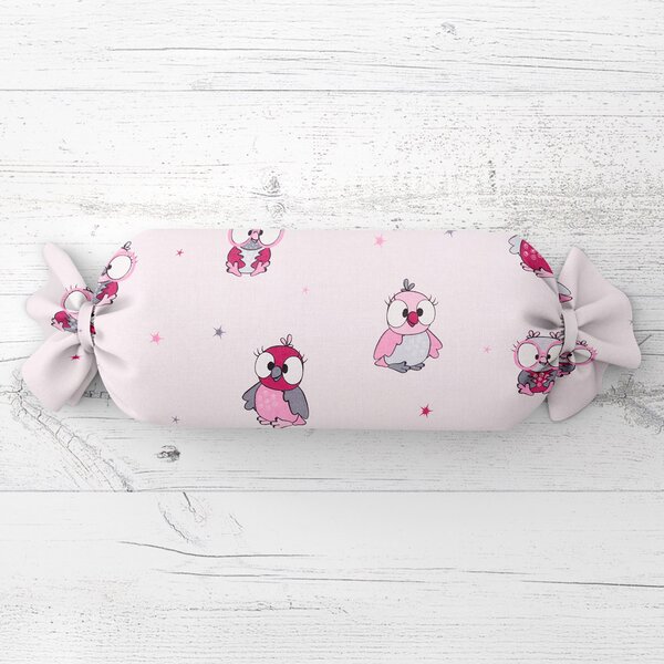 Biante Dětský polštář válec bonbon Sandra SA-726 Růžové sovičky na bledě růžovém 15x40 cm