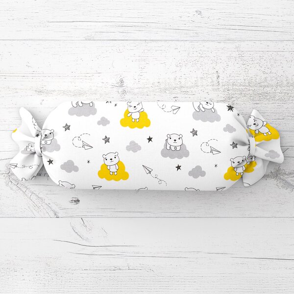 Biante Dětský polštář válec bonbon Sandra SA-725 Medvídci na žluto-šedých mráčcích na bílém 15x40 cm