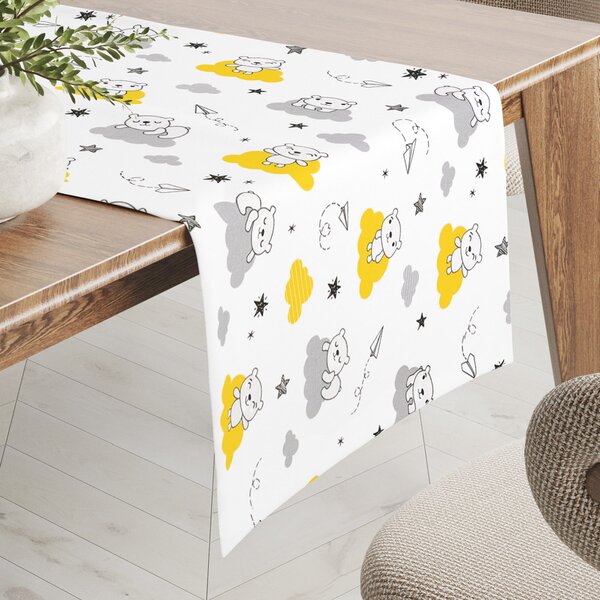 Biante Dětský bavlněný běhoun na stůl Sandra SA-725 Medvídci na žluto-šedých mráčcích na bílém 20x120 cm