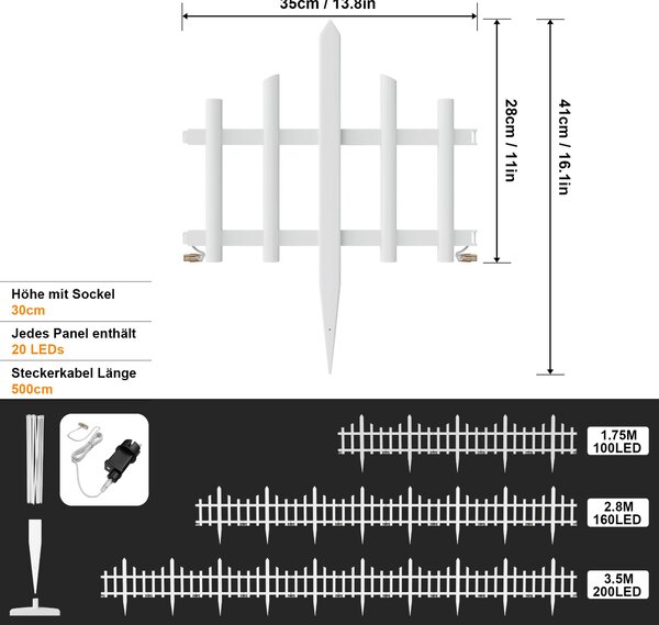 LILIIN, osvětlený plot, vlnitý plastový, s dekorativními prvky, bílý, PVC, LED, vánoční, plot s motivem vánočního stromku, dekorativní plot pro zahradu, 1,75 m, 100 LED