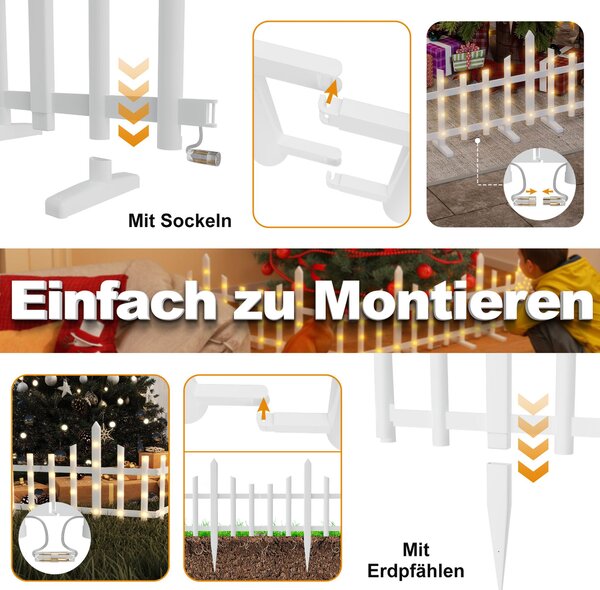 LILIIN, osvětlený plot, vlnitý plastový, s dekorativními prvky, bílý, PVC, LED, vánoční, plot s motivem vánočního stromku, dekorativní plot pro zahradu, 1,75 m, 100 LED