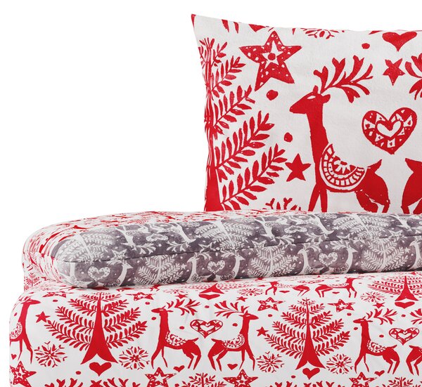 Povlečení flanelové vánoční měkké se stromečky se soby Bílo Červené Snuggy RUDOLPH-155x220 + 80x80*1 cm