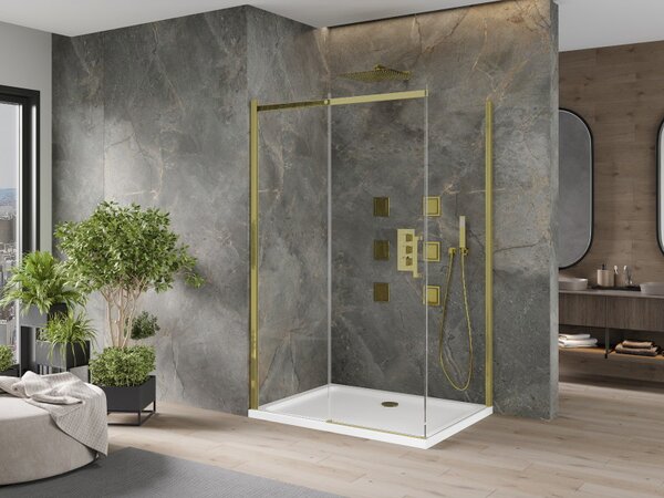 Mexen Omega posuvný sprchový kout 100 x 70 cm, 8mm sklo, zlatý profil-čiré sklo + slim sprchová vanička 5cm, 825-100-070-50-00-4010