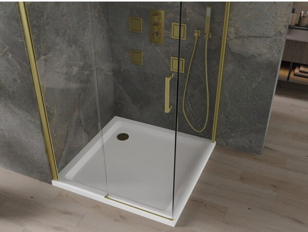 Mexen Omega posuvný sprchový kout 100 x 100 cm, 8mm sklo, zlatý profil-čiré sklo + slim sprchová vanička 5cm, 825-100-100-50-00-4010