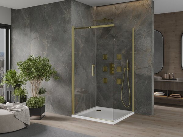 Mexen Omega posuvný sprchový kout 100 x 100 cm, 8mm sklo, zlatý profil-čiré sklo + slim sprchová vanička 5cm, 825-100-100-50-00-4010