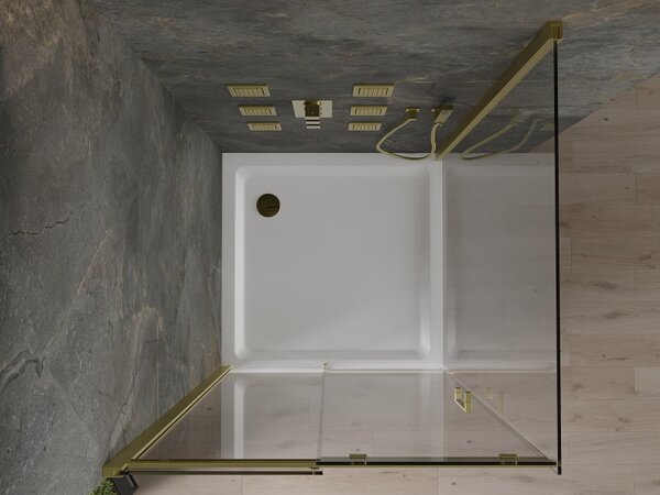 Mexen Omega posuvný sprchový kout 100 x 100 cm, 8mm sklo, zlatý profil-čiré sklo + slim sprchová vanička 5cm, 825-100-100-50-00-4010