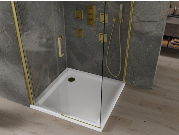 Mexen Omega posuvný sprchový kout 100 x 100 cm, 8mm sklo, zlatý profil-čiré sklo + slim sprchová vanička 5cm, 825-100-100-50-00-4010