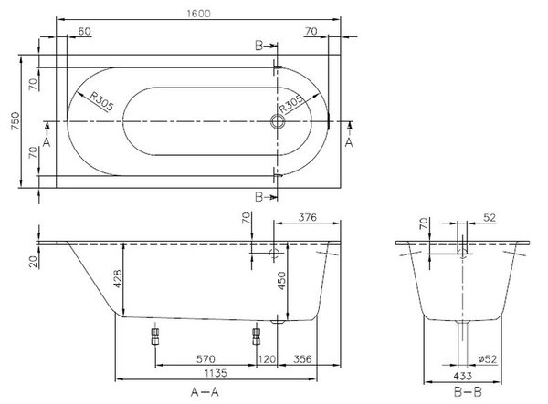 Villeroy & Boch Oberon obdélníková vana 160x75 cm bílá UBQ160OBE2V-01