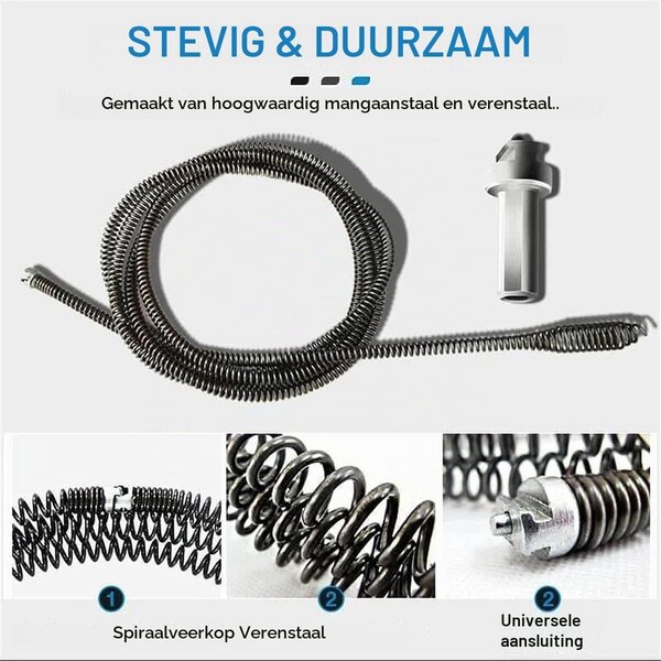Odtokový čistič - Pružinová hadice - 3 m - Ocel - Vrtací adaptér pro umyvadlo, vanu a WC