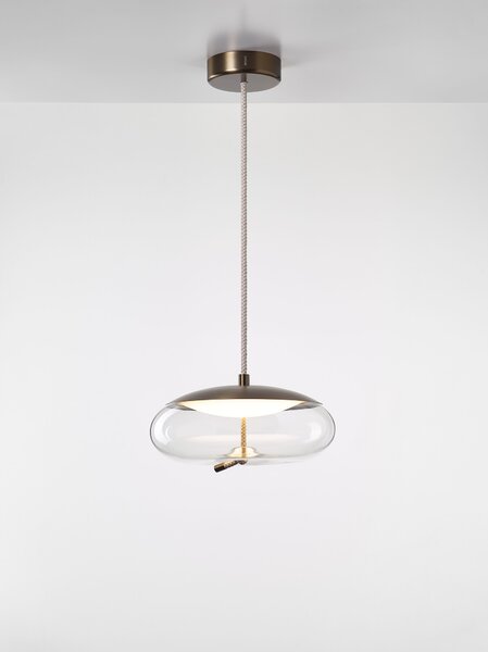 Brokis Designové LED závěsné svítidlo Knot Disco PC1017 Barva skla: Transparentní číré sklo, Povrchová úprava baldachýnu: Mosaz, Povrch reflektoru: Mosaz