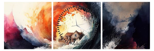 Obraz - Ve víru povodně, akvarel (s hodinami) (90x30 cm)