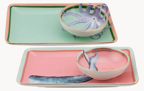 Sada talířů na sushi's miskami na omáčku z kostního porcelánu Animal, 2 díly