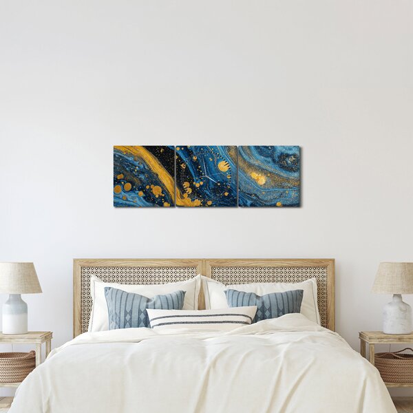 Obraz - Modrá abstrakce se zlatem (s hodinami) (90x30 cm)