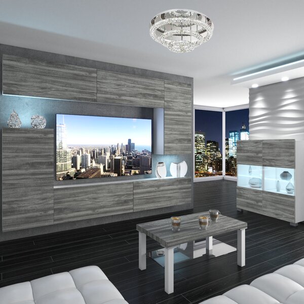 Obývací stěna Belini Premium Full Version šedý antracit Glamour Wood + LED osvětlení Nexum 128 128