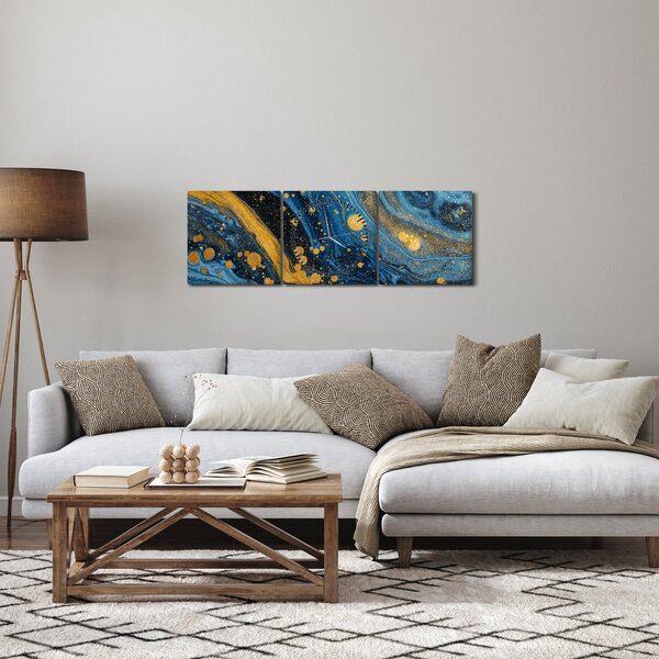 Obraz - Modrá abstrakce se zlatem (s hodinami) (90x30 cm)