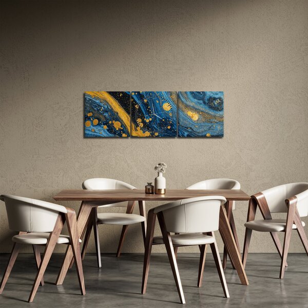 Obraz - Modrá abstrakce se zlatem (s hodinami) (90x30 cm)
