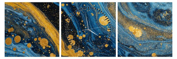 Obraz - Modrá abstrakce se zlatem (s hodinami) (90x30 cm)