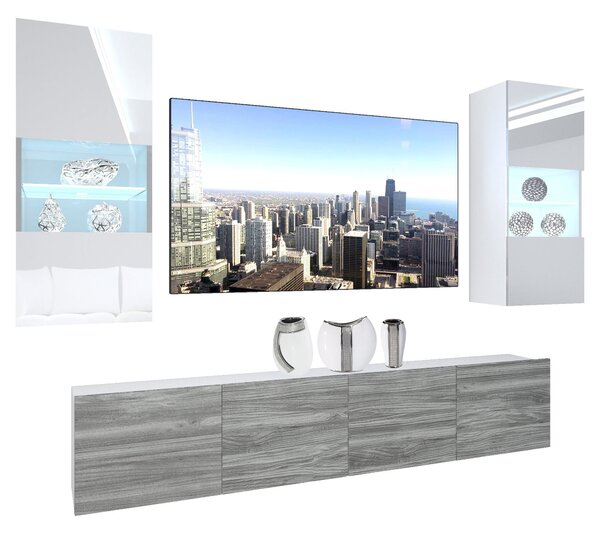 Obývací stěna Belini Premium Full Version bílý lesk / šedý antracit Glamour Wood + LED osvětlení Nexum 101