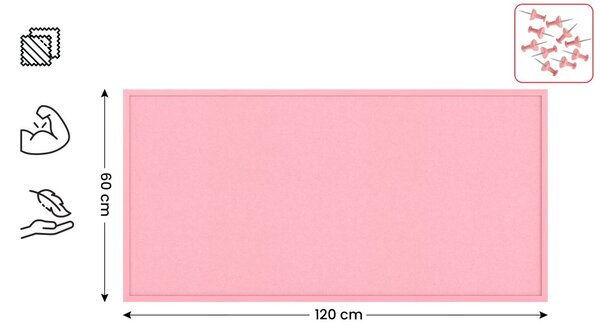 Textilní (filcová) nástěnka růžová 120 × 60 cm, v růžovém dřevěném rámu, TFPINK126P