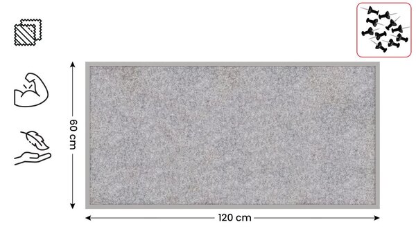 Textilní (filcová) nástěnka 120 × 60 cm, světle šedá, ve světle šedém dřevěném rámu, TFLIGHTG126G