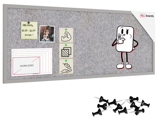 Textilní (filcová) nástěnka 120 × 60 cm, světle šedá, ve světle šedém dřevěném rámu, TFLIGHTG126G